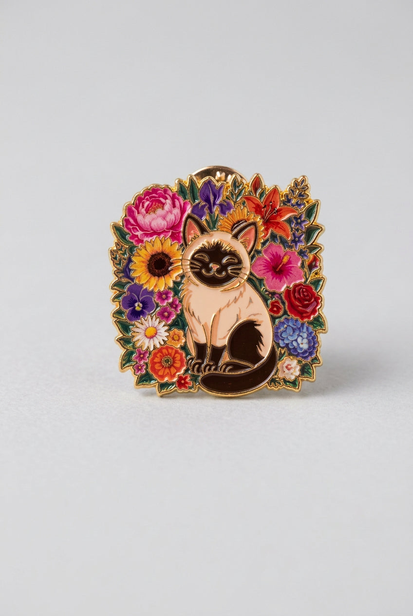Pin - Katt med blommor (beige brun)