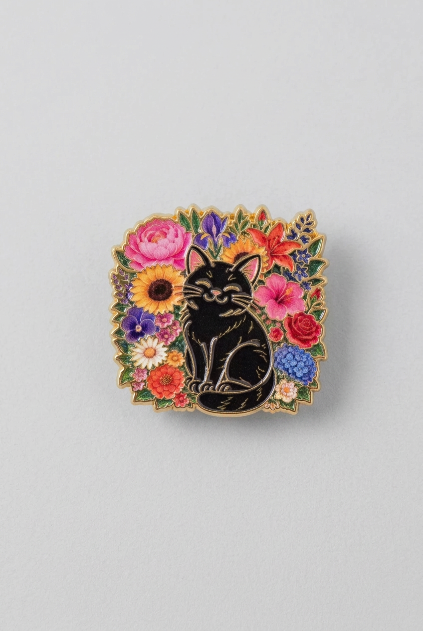 Pin - Katt med blommor (svart)